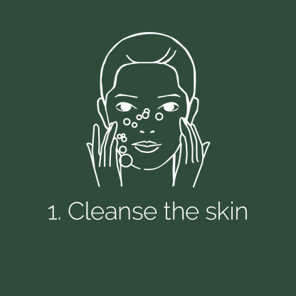 Illustration of a woman cleansing her skin with BeautyPro bubbles on her face, step 1 of skincare routine.