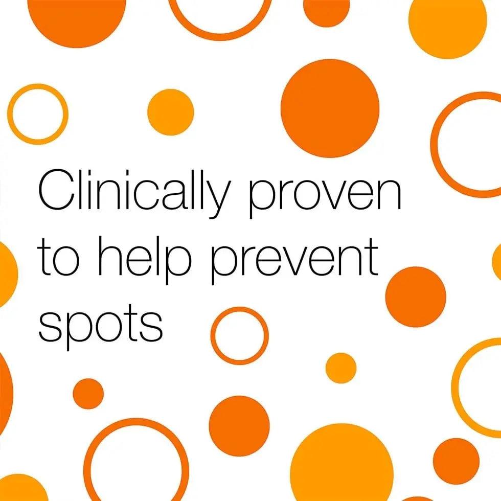 Clinically proven graphic with orange circles, highlighting spot prevention features of NEUTROGENA® Clear & Defend Facial Wash.
