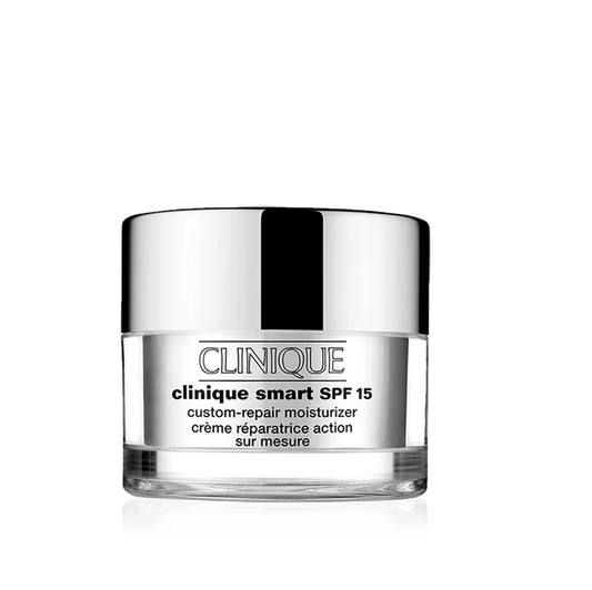 CLINIQUE Smart SPF 15 Custom Moisturizer in a sleek glass jar for radiant skin care.