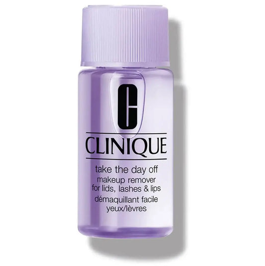 CLINIQUE Take The Day Off Make-Up Remover for lids, lashes & lips in purple bottle, ophthalmologist tested, suitable for contact lens wearers.