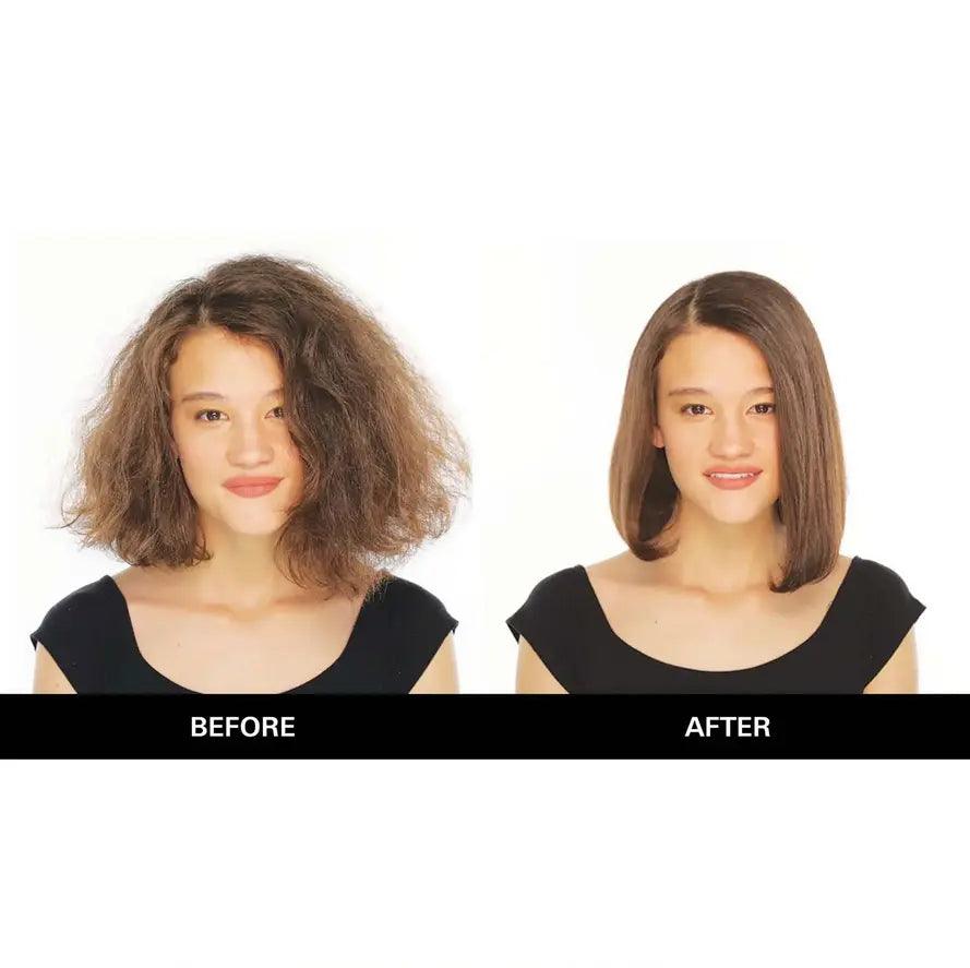 Before-and-after transformation of hair using Color Wow One Minute Transformation Styling Cream.