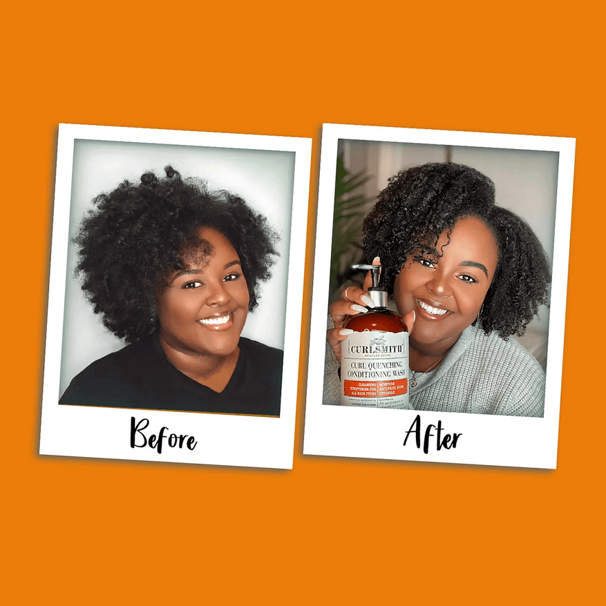 Before and after using Curlsmith Moisture Curl Quenching Conditioning Wash, showcasing improved curl definition and shine.