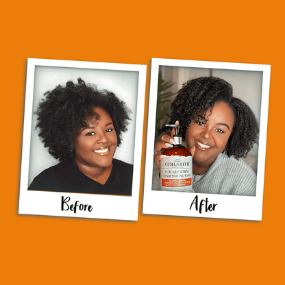 Before and after using Curlsmith Moisture Curl Quenching Conditioning Wash, showcasing improved curl definition and shine.