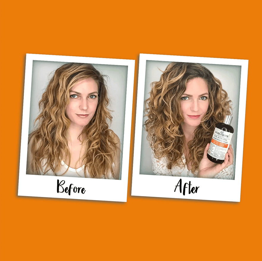 Before and after using Curlsmith Moisture Curl Quenching Conditioning Wash for enhanced curly hair.