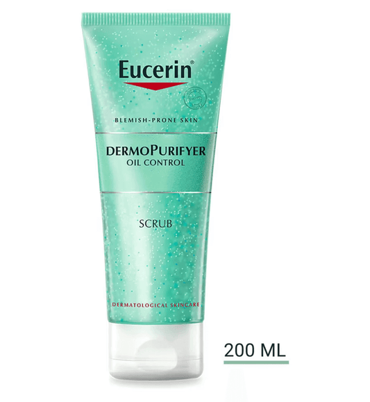 Eucerin DermoPurifyer Oil Control Scrub 200ml for blemish-prone skin, exfoliating and oil-free formula.