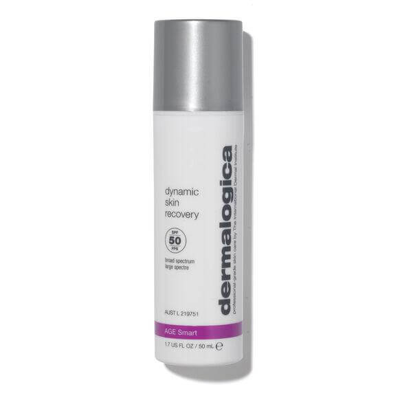 Dermalogica Dynamic Skin Recovery SPF 50 moisturizer bottle, 50ml, provides sun protection and hydration for vibrant skin.