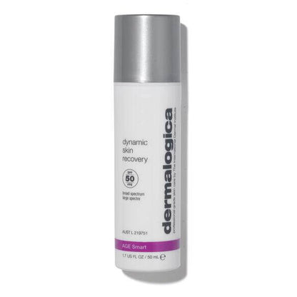 Dermalogica Dynamic Skin Recovery SPF 50 moisturizer bottle, 50ml, provides sun protection and hydration for vibrant skin.