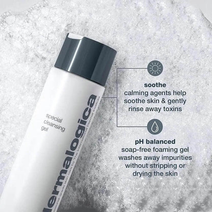 Dermalogica Special Cleansing Gel bottle on frothy surface, highlights soothing and pH balanced cleansing formula.