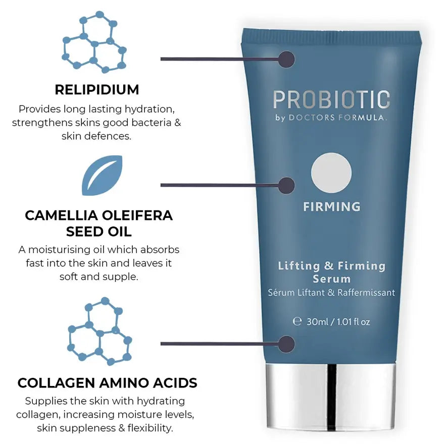 Doctors Formula Probiotic Lifting & Firming Serum, enriched with Relipidium, Camellia Oleifera, and Collagen for youthful skin.