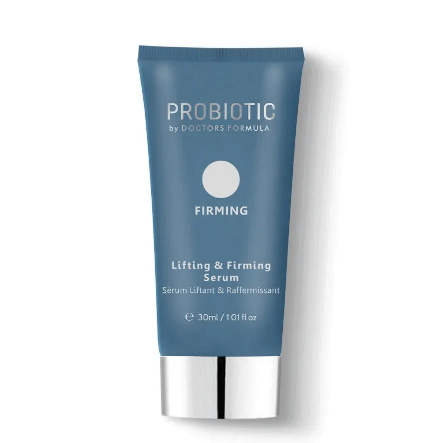 Doctors Formula Probiotic Lifting & Firming Serum in a sleek tube, designed for youthful skin texture and hydration.