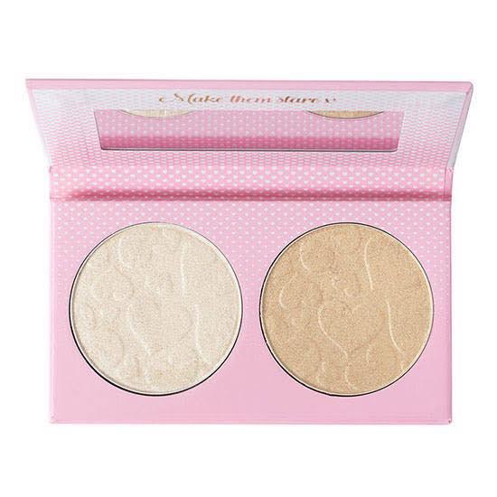 Doll Beauty Light Highlighter Duo palette showcasing two shades: Shine Bright and Like a Diamond, in a pink compact.