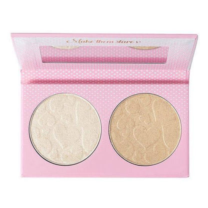 Doll Beauty Light Highlighter Duo palette showcasing two shades: Shine Bright and Like a Diamond, in a pink compact.