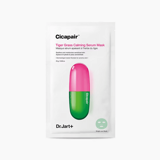 Dr. Jart Cicapair Tiger Grass Calming Serum Mask packaging, soothing skincare for irritated skin, 25g.