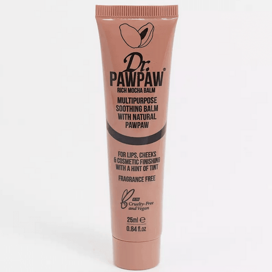 Dr.PawPaw Rich Mocha Balm 25ml tube, multipurpose balm for lips, cheeks, and eyes with natural pawpaw, cruelty-free and vegan.