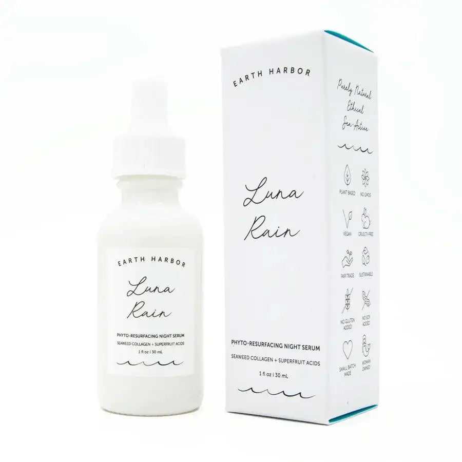 Earth Harbor Luna Rain Phyto-Resurfacing Night Serum with pack, featuring Seaweed Collagen and Superfruit Acids.