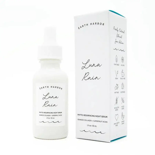 Earth Harbor Luna Rain Phyto-Resurfacing Night Serum with pack, featuring Seaweed Collagen and Superfruit Acids.