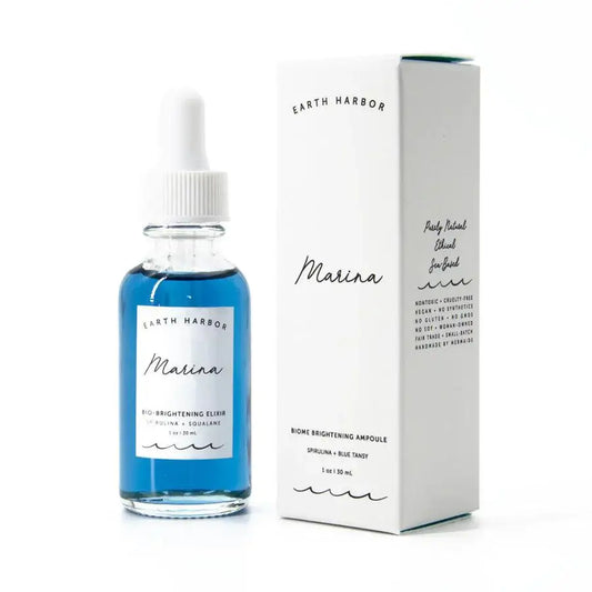 Earth Harbor Marina Biome Brightening Ampoule 30ml with blue bottle and white packaging, enriched with Spirulina and Blue Tansy.