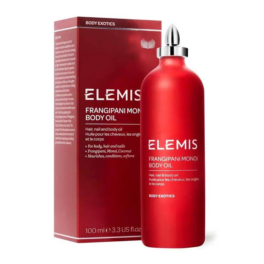 Elemis Frangipani Monoi Body Oil 100ml for hair, nails, and body, promoting moisture for dry skin.