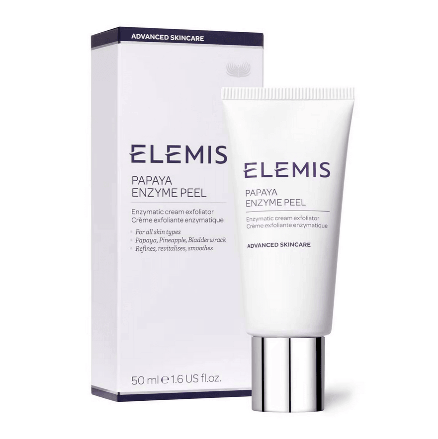 ELEMIS Papaya Enzyme Peel exfoliating cream in 50ml tube with box, designed to smooth and brighten skin.
