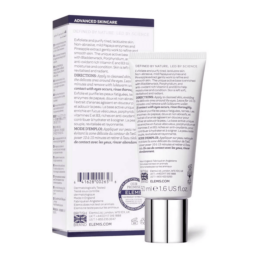 ELEMIS Papaya Enzyme Peel packaging featuring advanced skincare details and benefits for brightening and clarifying skin.