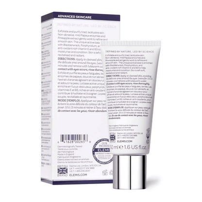 ELEMIS Papaya Enzyme Peel packaging featuring advanced skincare details and benefits for brightening and clarifying skin.