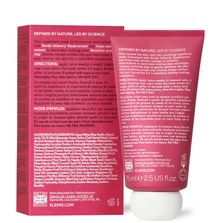 Elemis Superfood Berry Boost Mask 75ml, skin detox mask with antioxidants and fruit acids for a revitalized complexion.