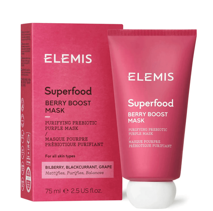 Elemis Superfood Berry Boost Mask 75ml, purifying prebiotic mask in pink packaging with berry extracts.