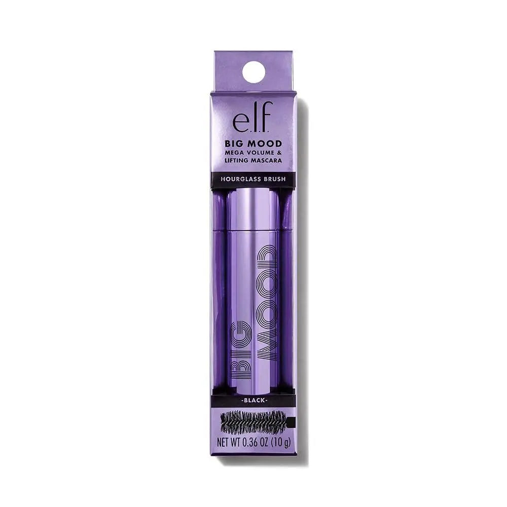 e.l.f Big Mood Mascara in purple packaging, featuring an hourglass brush for dramatic volume and lift.