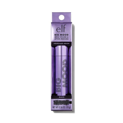 e.l.f Big Mood Mascara in purple packaging, featuring an hourglass brush for dramatic volume and lift.