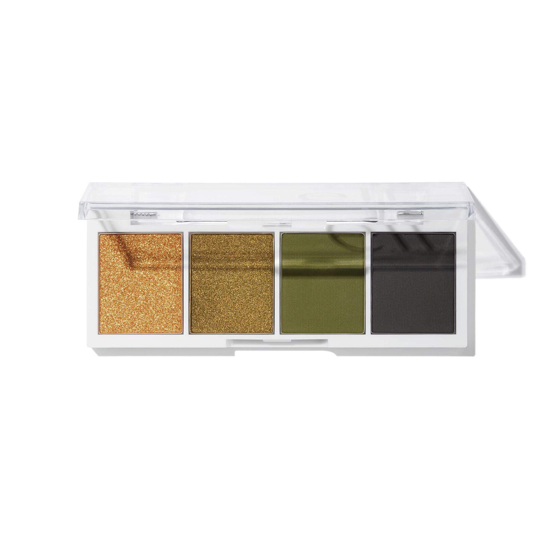 e.l.f. Bite Size Eyeshadows Hot Jalapeño quad featuring gold, olive, dark green, and black shades in a compact case.