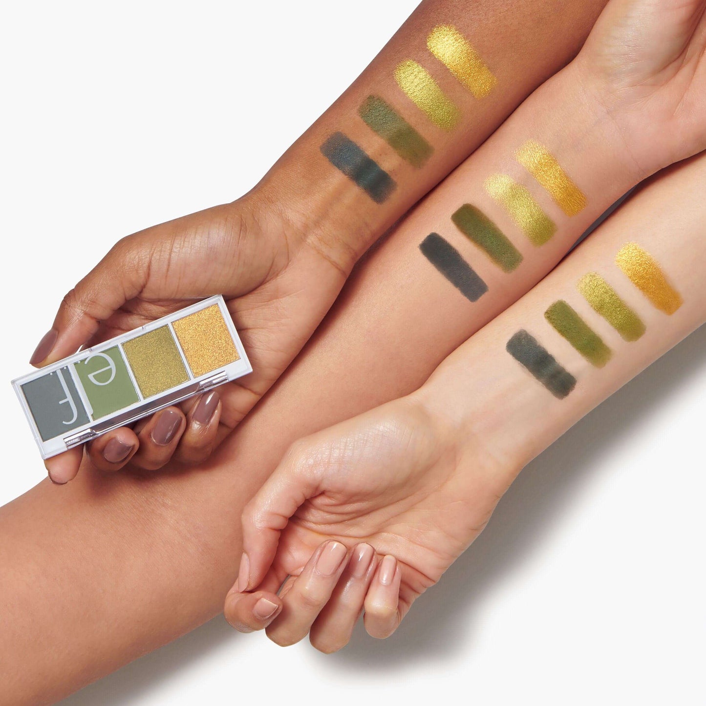 e.l.f. Bite Size Eyeshadows in Hot Jalapeño showcasing swatches of green and gold shades on diverse skin tones.