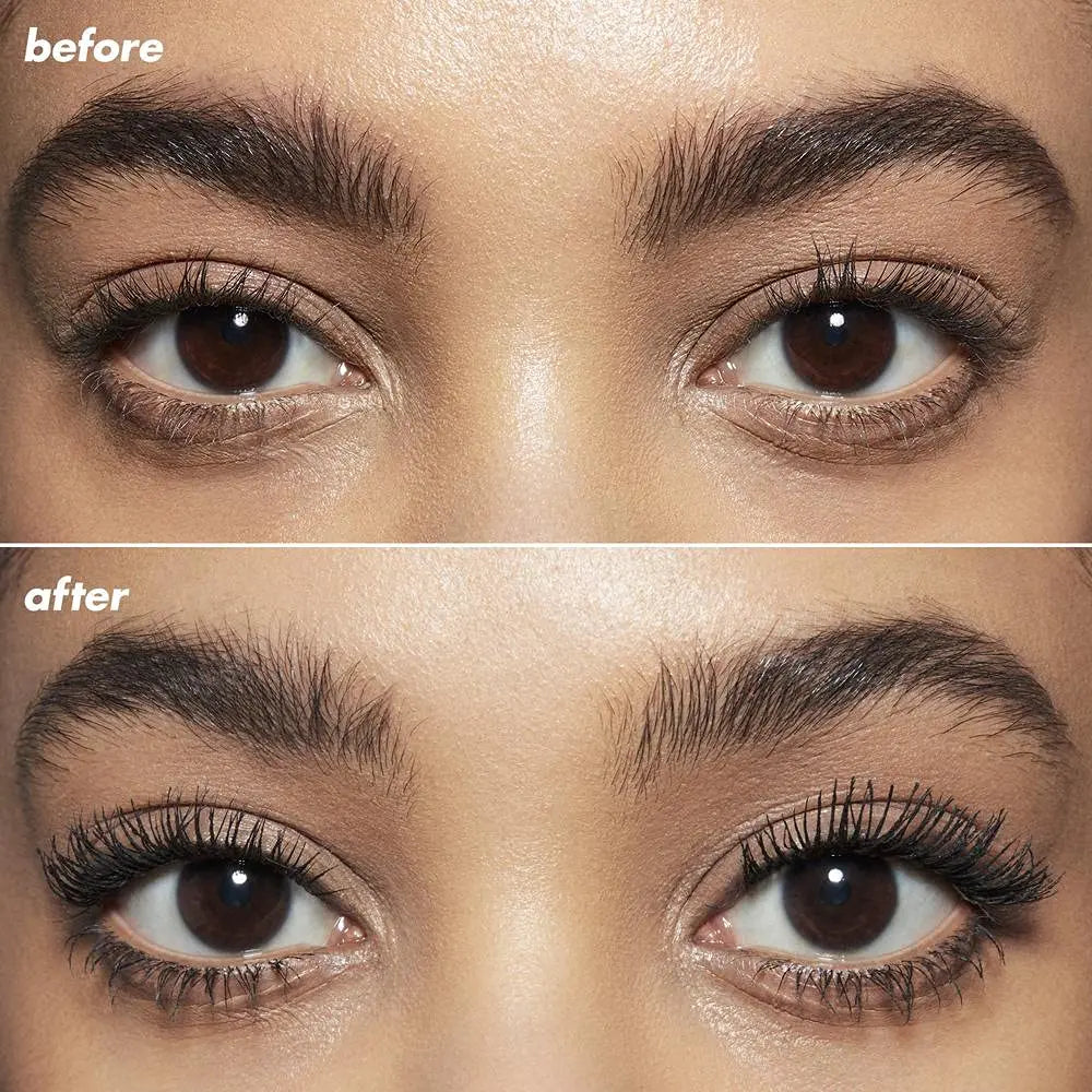 Before and after image showcasing the volumizing effect of e.l.f Lash it Loud Mascara on eyelashes.