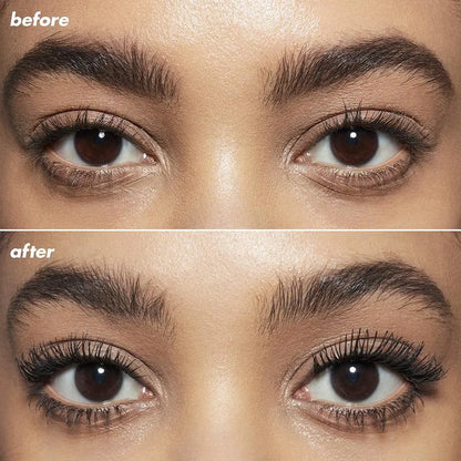 Before and after image showcasing the volumizing effect of e.l.f Lash it Loud Mascara on eyelashes.