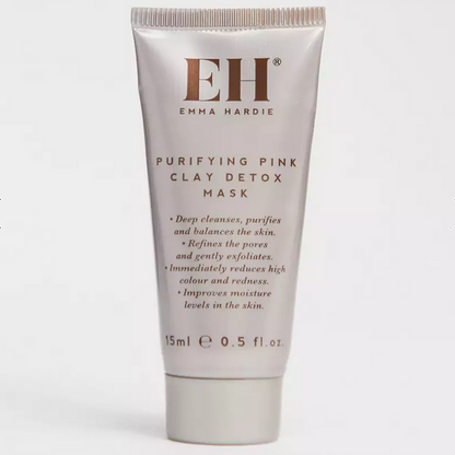 Emma Hardie Purifying Pink Clay Detox Mask 15ml tube for cleansing and balancing skin, enriched with moringa oil and Australian clay.