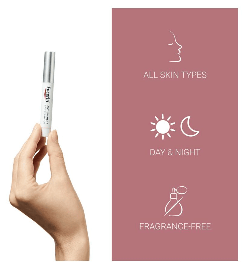 Eucerin Anti-Pigment Spot Corrector in hand, highlighting benefits for all skin types, daytime, nighttime, and fragrance-free.