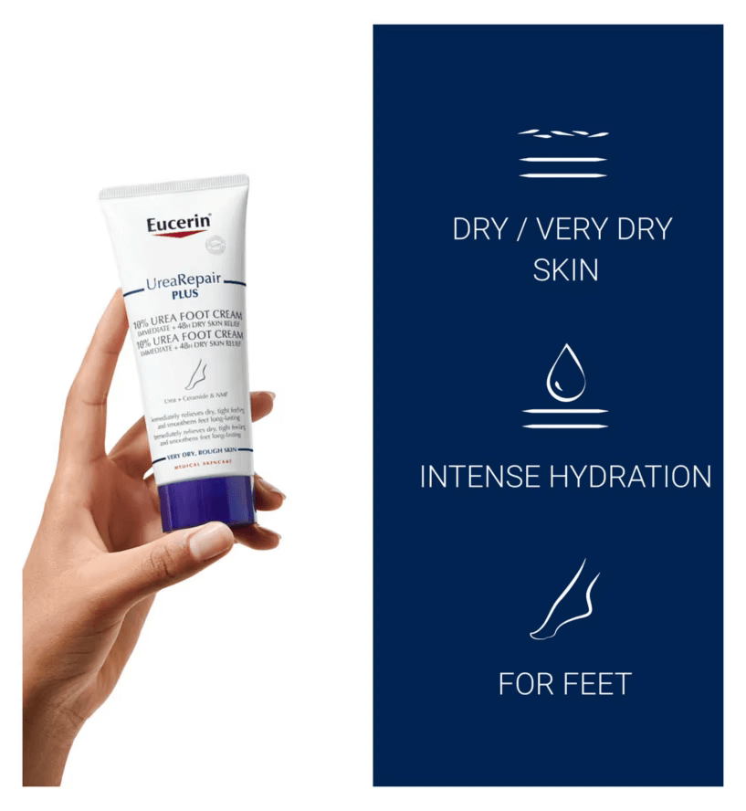 Eucerin UreaRepair Plus 10% Urea Foot Cream for intense hydration of dry feet, clinically proven formula for relief.