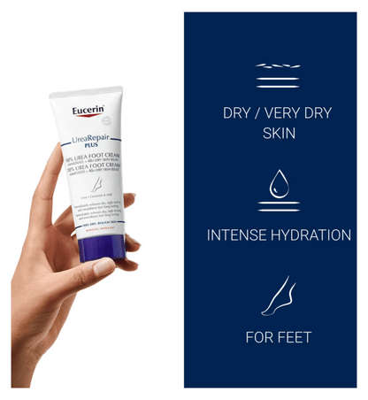 Eucerin UreaRepair Plus 10% Urea Foot Cream for intense hydration of dry feet, clinically proven formula for relief.