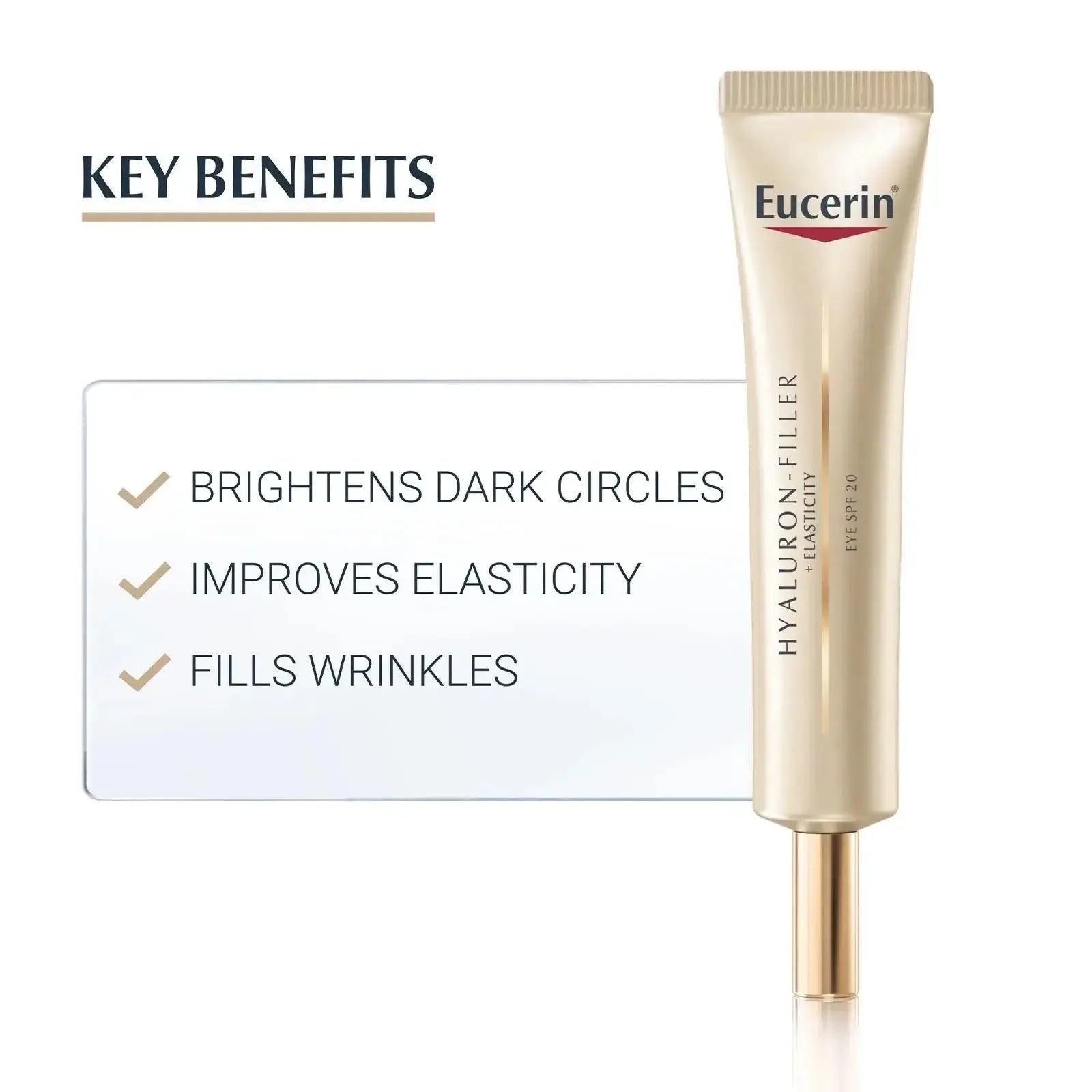 Eucerin Hyaluron-Filler Eye Cream highlighting benefits: brightens dark circles, improves elasticity, fills wrinkles.