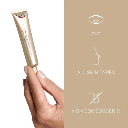 Eucerin Hyaluron-Filler Eye Cream in hand, suitable for all skin types, non-comedogenic formula.