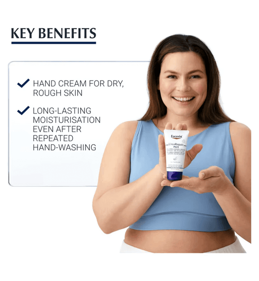 Eucerin Urea Repair hand cream for dry skin, providing long-lasting moisture after washing, showcasing key benefits.