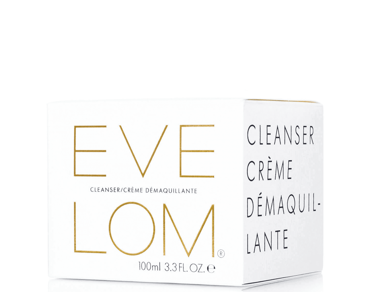 EVE LOM Cleanser 100ml box with brand name and product details, suitable for all skin types.