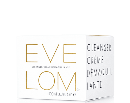 EVE LOM Cleanser 100ml box with brand name and product details, suitable for all skin types.