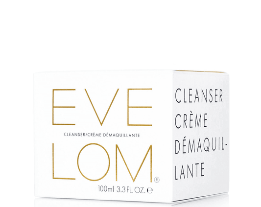 EVE LOM Cleanser 100ml box with brand name and product details, suitable for all skin types.