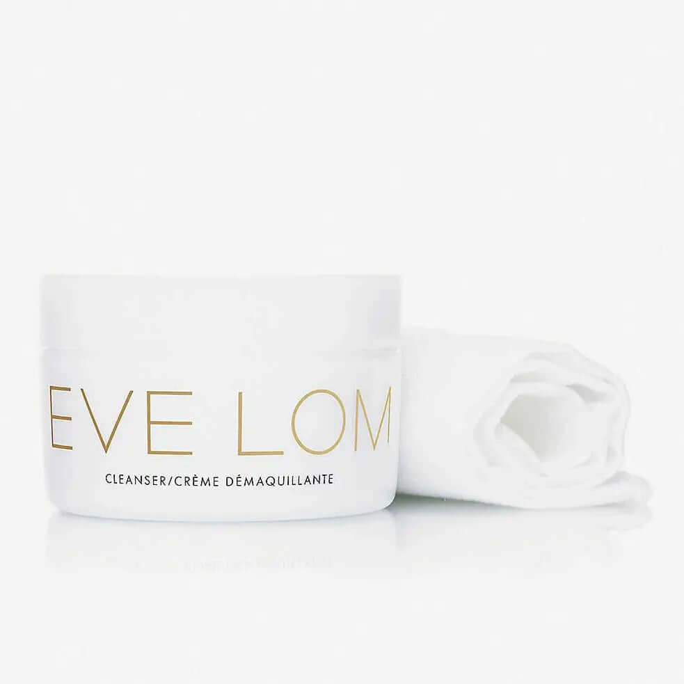 EVE LOM Cleanser 100ml with accompanying cleansing cloth for glowing, radiant skin.