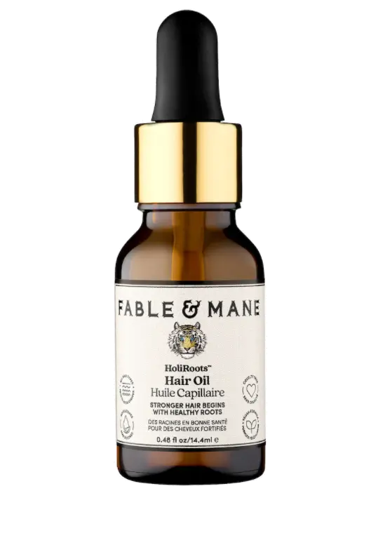 Fable & Mane HoliRoots Hair Oil 14.4ml bottle for hair and scalp treatment with Ashwagandha for healthier hair.
