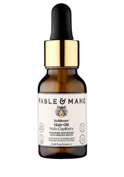 Fable & Mane HoliRoots Hair Oil 14.4ml bottle for hair and scalp treatment with Ashwagandha for healthier hair.