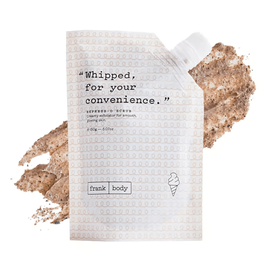 Frank Body Express-o Coffee Scrub pouch with exfoliating coffee scrub for smooth, glowing skin.