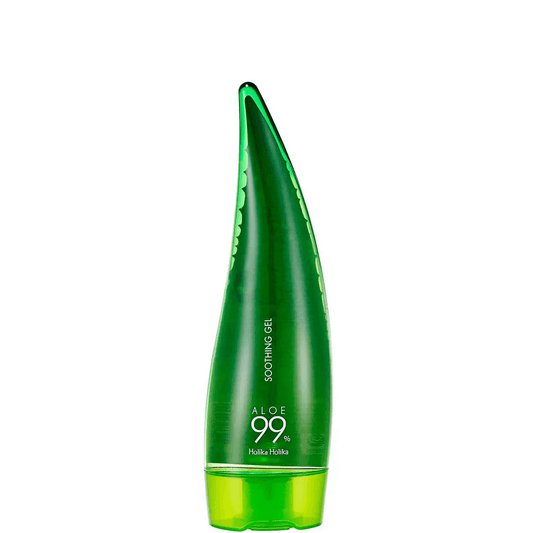 Holika Holika Aloe 99% Soothing Gel 55ml in a sleek green bottle for hydration and skin relief.