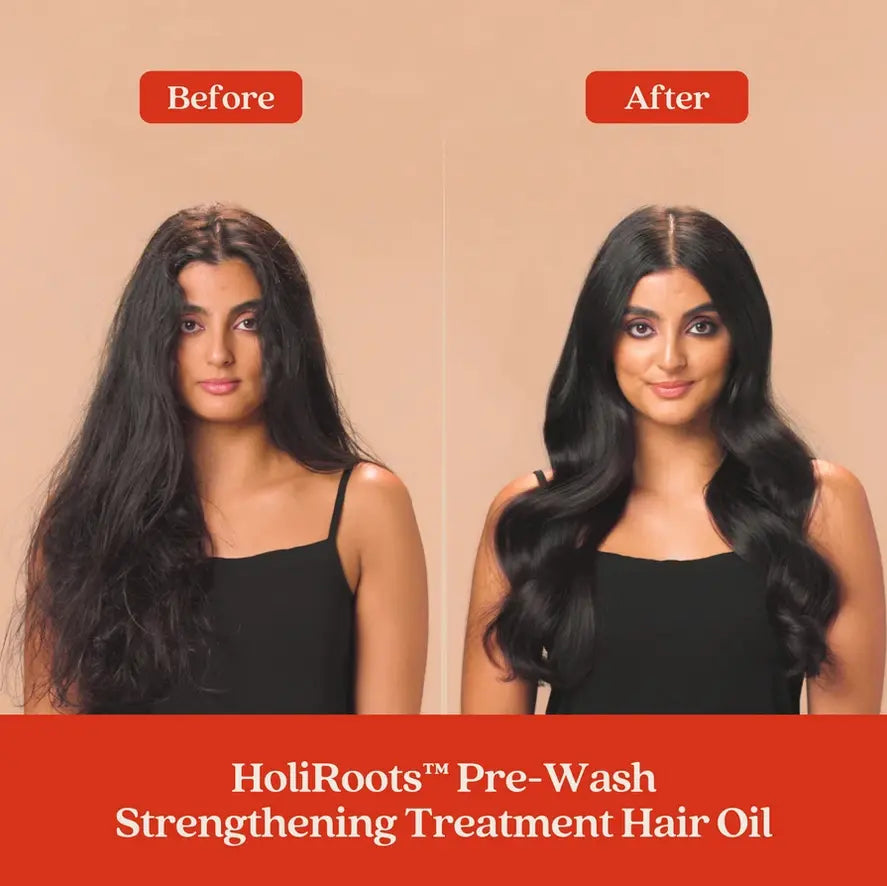 Before and after results of Fable & Mane HoliRoots Pre-Wash Strengthening Treatment Hair Oil, showcasing smooth, healthy hair.