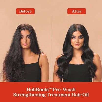 Before and after results of Fable & Mane HoliRoots Pre-Wash Strengthening Treatment Hair Oil, showcasing smooth, healthy hair.